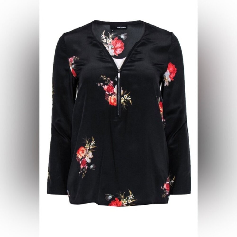 NWT THE KOOPLES 100% SILK Black Floral Print Zip-Up V Neck LS Blouse Size 1